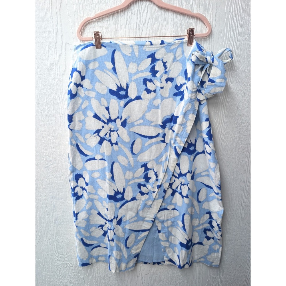 NWT Loft Linen Blue Floral Wrap Midi Skirt Beachy Coastal Travel Size 16